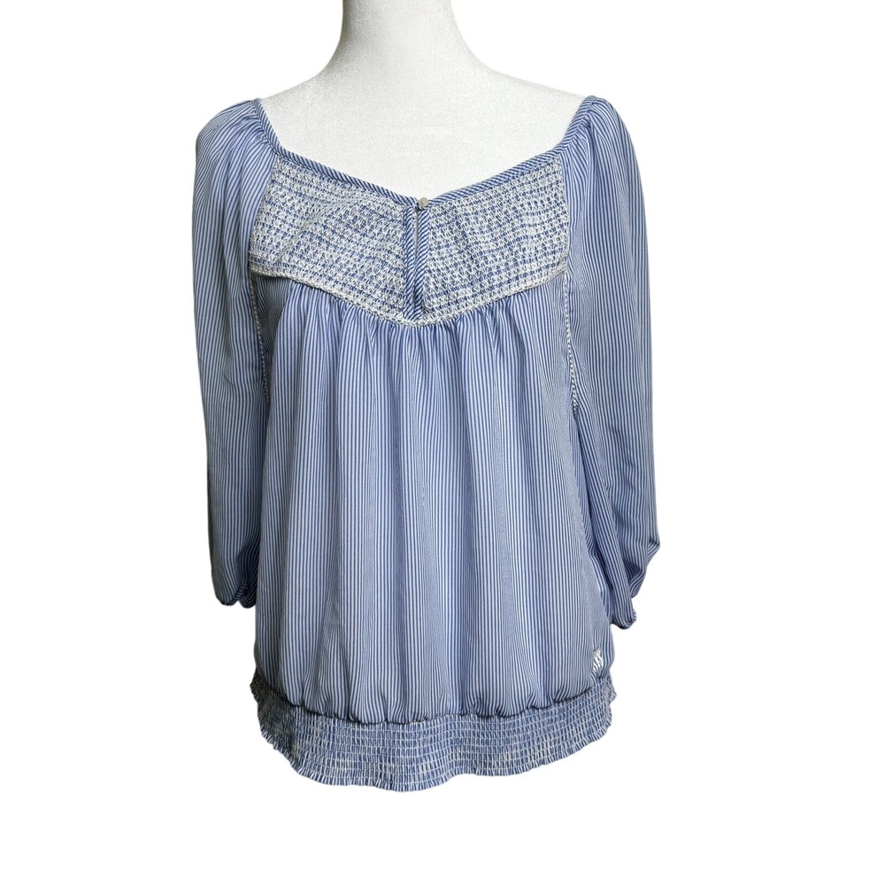 Abercrombie & Fitch Blue White Striped Smocked Peasant Blouse Top Large 1Y1210
